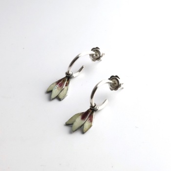 Small Hoop Earrings with Delicate  Petal-shaped Drops in Plum and white Enamel