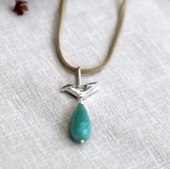 Solid Silver Bird Necklace with Blue-Green Amazonite Tear-drop Shape Gemstone Drop