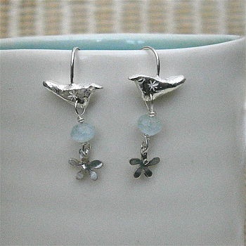 Bird Earrings with Gems and Flowers