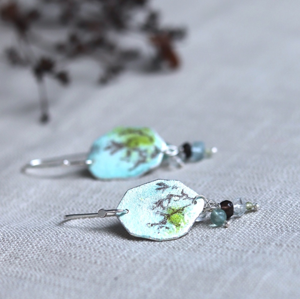 Looking up to the sky enamelled earrings with gemstone drops
