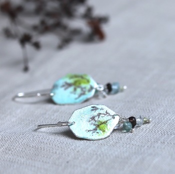 Up To The Sky Through The Trees - Blue and Green Enamelled Drop Earrings with Gemstones