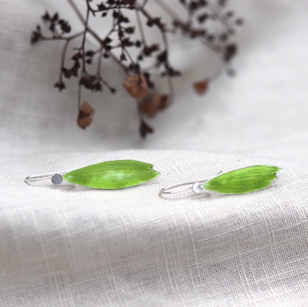 Green Enamelled Leafy Hook Silver Earrings
