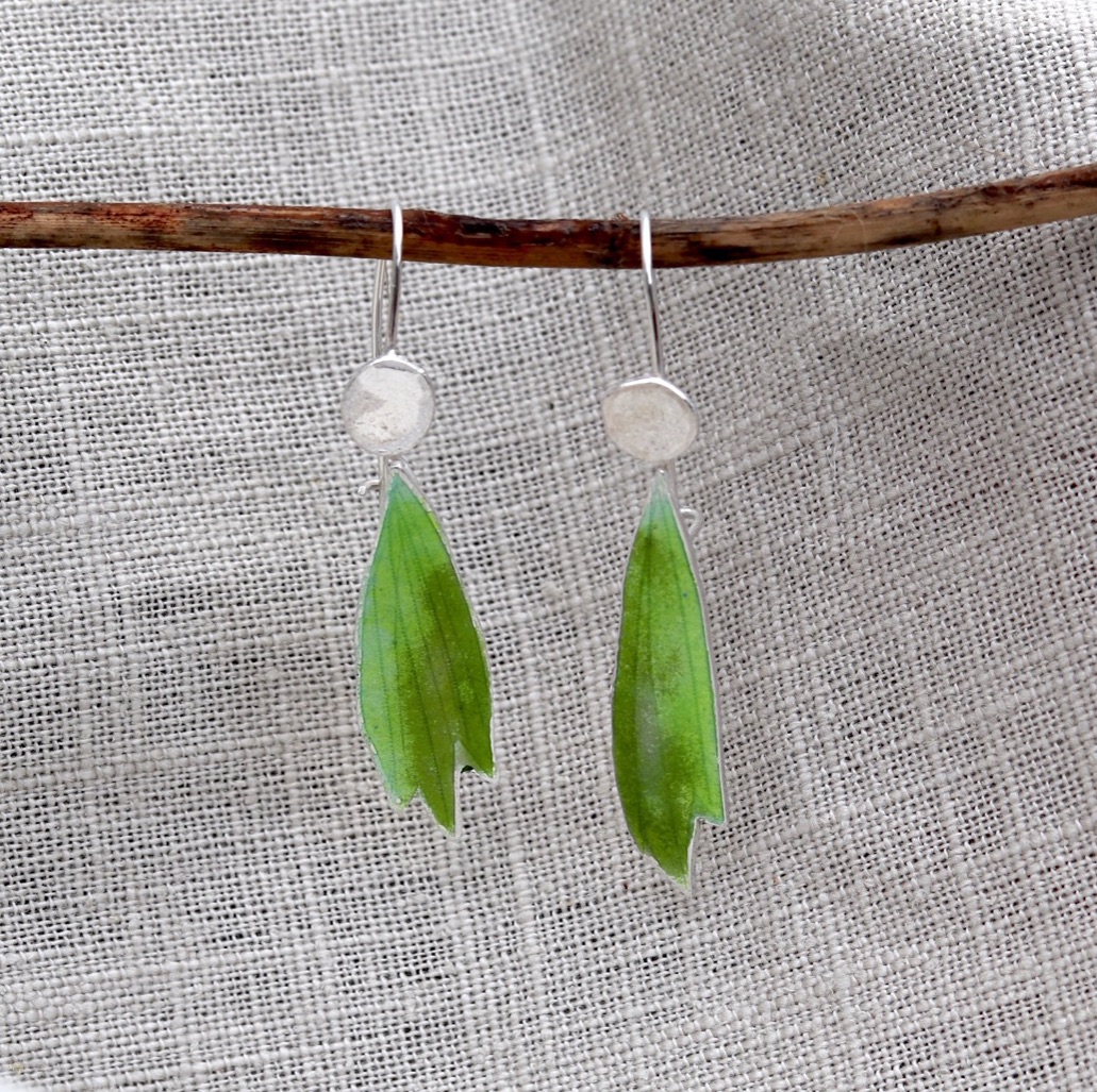 Green Enamelled Leafy Silver Earrings with Secure Hook Back