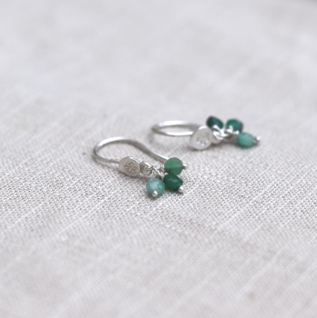 Silver Small Drop Earrings with Flower Design and Emerald Cluster Drops