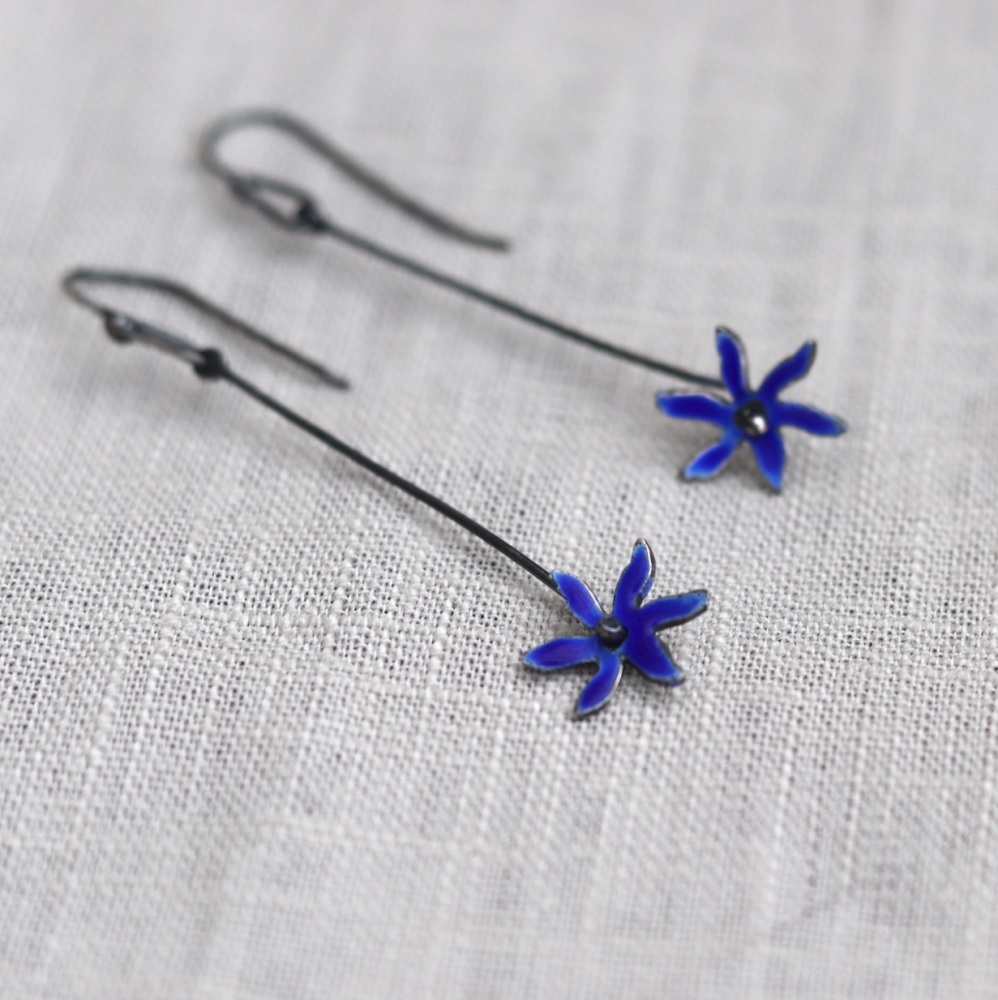 Long Star Flower Enamelled Earrings - Dark Cobalt Blue