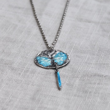 Silver Necklace with Blue Butterfly and Enamelled Drop