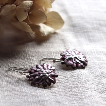Silver and Plum Colour Flower Drop Earrings 