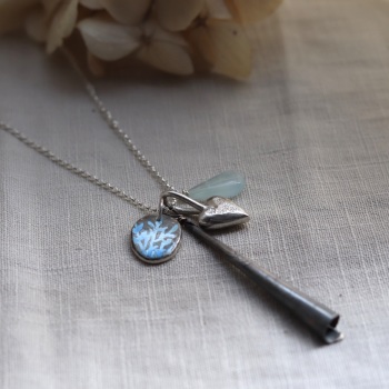 Long Silver Charms Necklace with Blue Enamelled Nugget, Silver Heart, Long Silver Drop and Aquamarine Gem