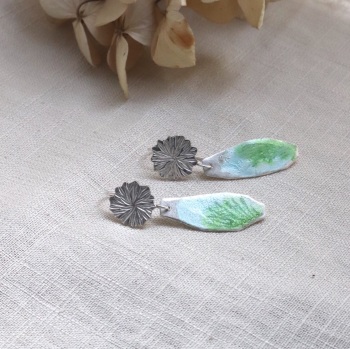 Textured Silver Flower Hook Earrings with Long Silver and Blue and Green Enamelled Drop