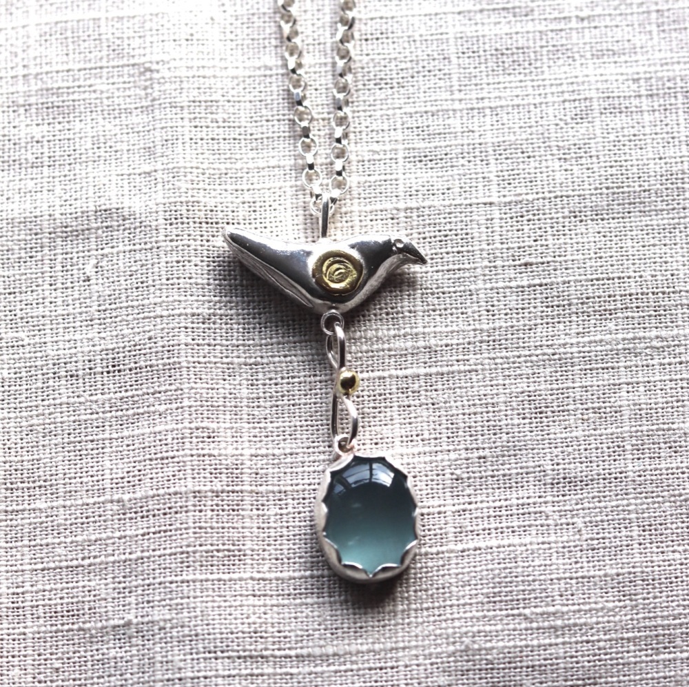 Silver Bird Necklace with Aquamarine Drop