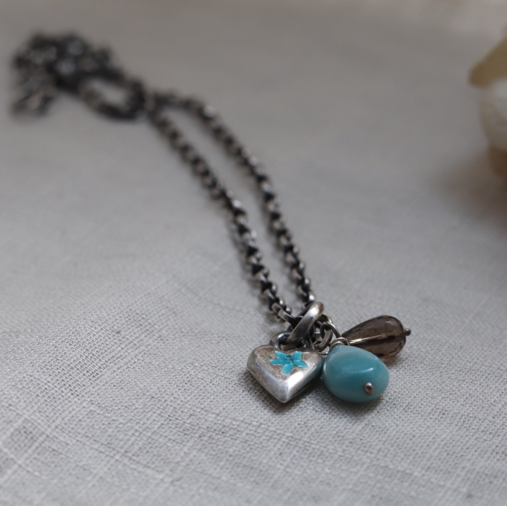 Aqua Flower Silver Heart Necklace with Gemstones on Oxidised Silver Belcher