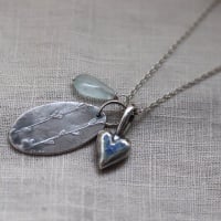Silver Heart Necklace with Blue flowers, an Aquamarine Gemstone and Oxidised Oval Silver Pendant