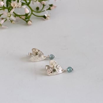 Silver Heart Stud Earrings with Blue Gemstone Drop