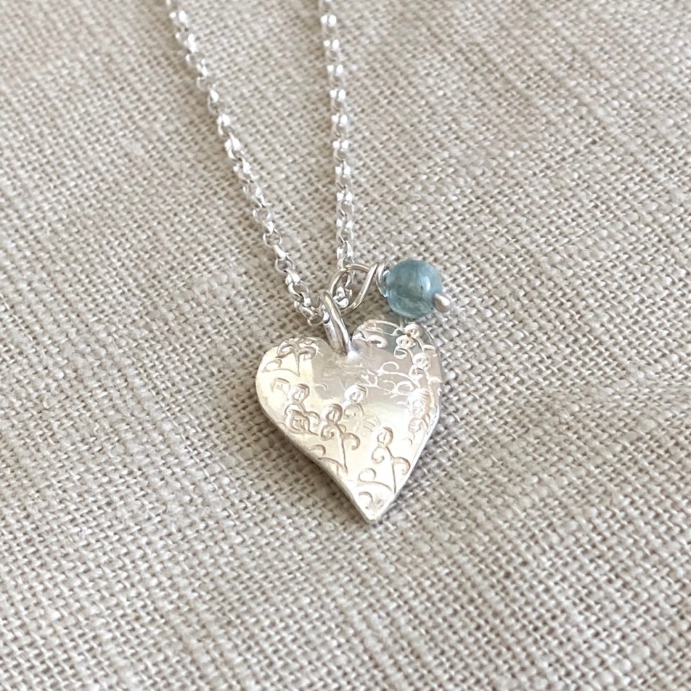 Textured Silver Heart-shaped necklace with Blue Apatite gemstone 