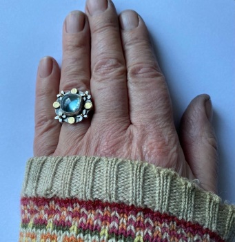 Square Shaped Sky Blue Topaz Stone Silver Ring with Flowers and Gold Details