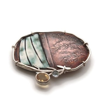 Willow by the River Brooch -  Brooch Made From Silver, Copper and Set with a citrine and blue topaz stone