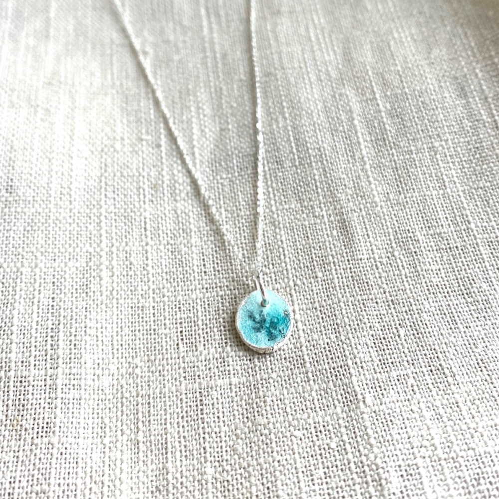 Small Enamelled Silver Blue Necklace with Floral Design on a Delicate Silve