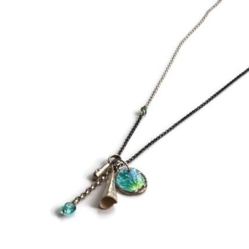 Silver Charms Necklace with Blues and Greens Enamelled Nugget, Silver flower charm, Long Silver cone Drop and Apatite Gem