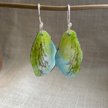 Big Blue and Green Enamelled Drop Earrings with Leaf and Sky Design