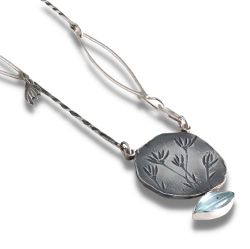Silver Winter Flower Necklace With Hand-made Chain and Carved Blue Topaz Gemstone