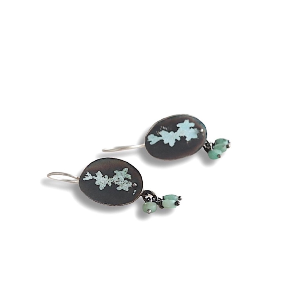 Silver Blue Enamelled Flower Earrings with Emerald Gemstone Drops