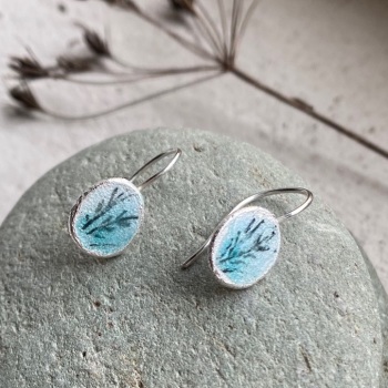 Pale Blue Enamel Hook Earrings with Leafy Design
