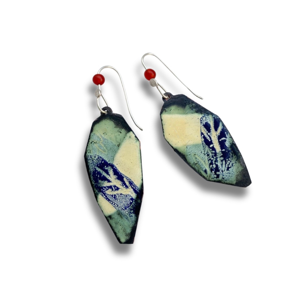 Large Enamelled Blue and Cream Hanging Earrings 