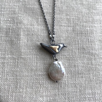 Silver Blackbird Necklace with Gold Heart and Pearls.