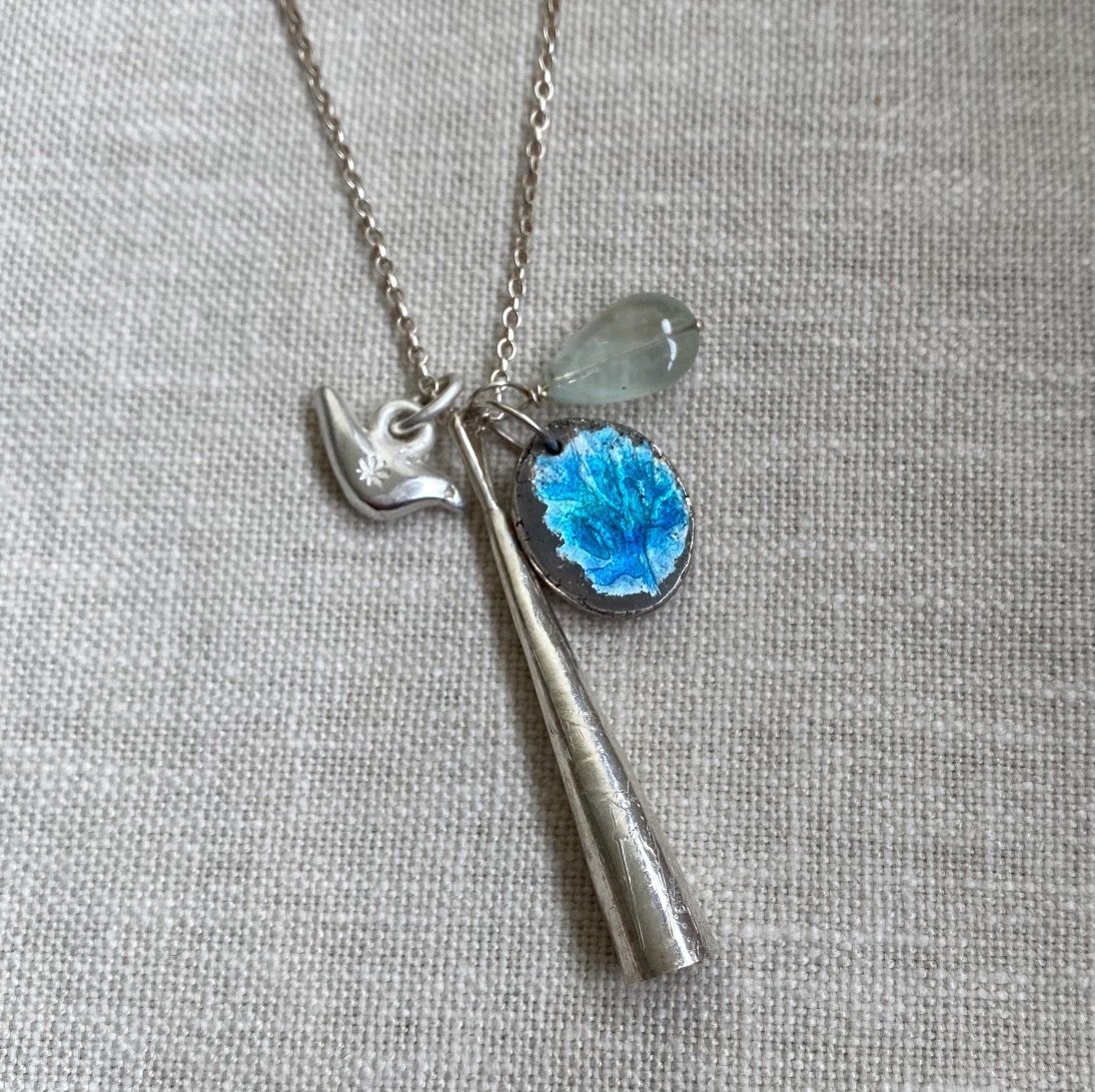 Long Silver Charms Necklace with Blue Enamelled Nugget, Silver Bird, Silver