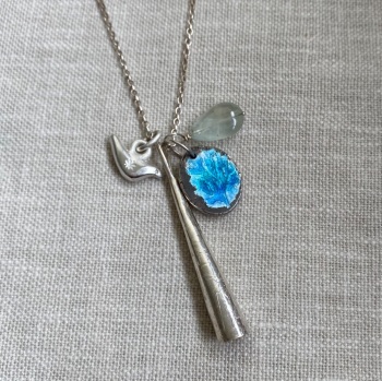 Long Silver Charms Necklace with Blue Enamelled Nugget, Silver Bird, Silver Pendant and Gems