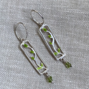 Green Enamelled Silver Trellis Earrings on Hoops