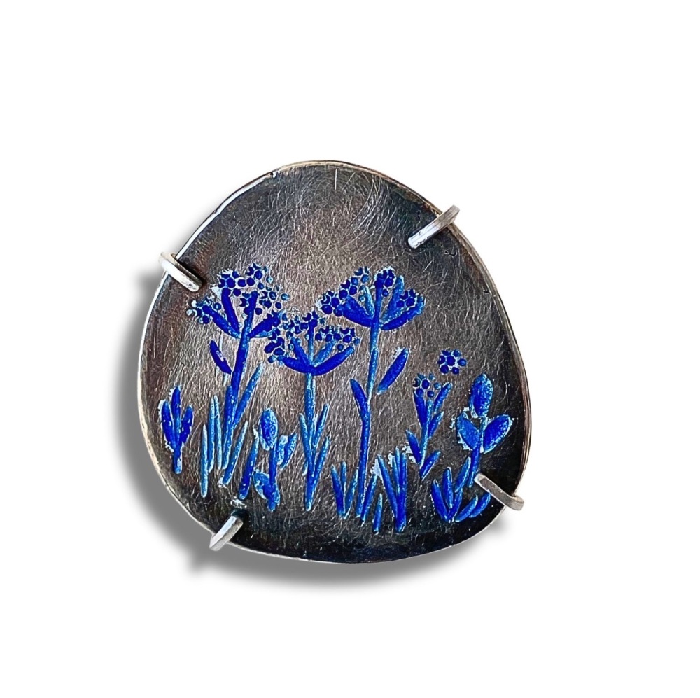 Blue Hedgerow Brooch – Handcrafted Silver with Enamel Detail