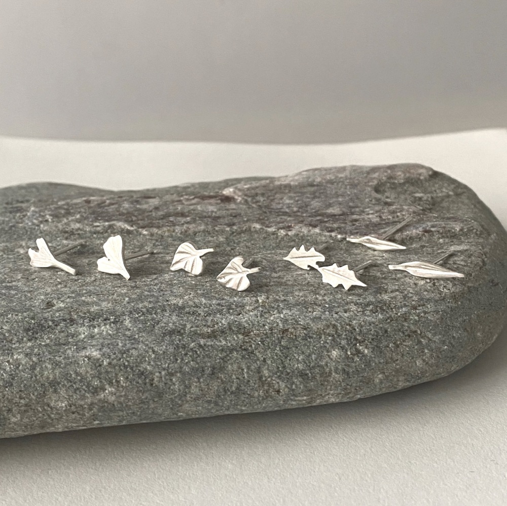 Hand-made Silver Leaf Earstuds — Ginkgo, Oak, Holly, Willow or Lime