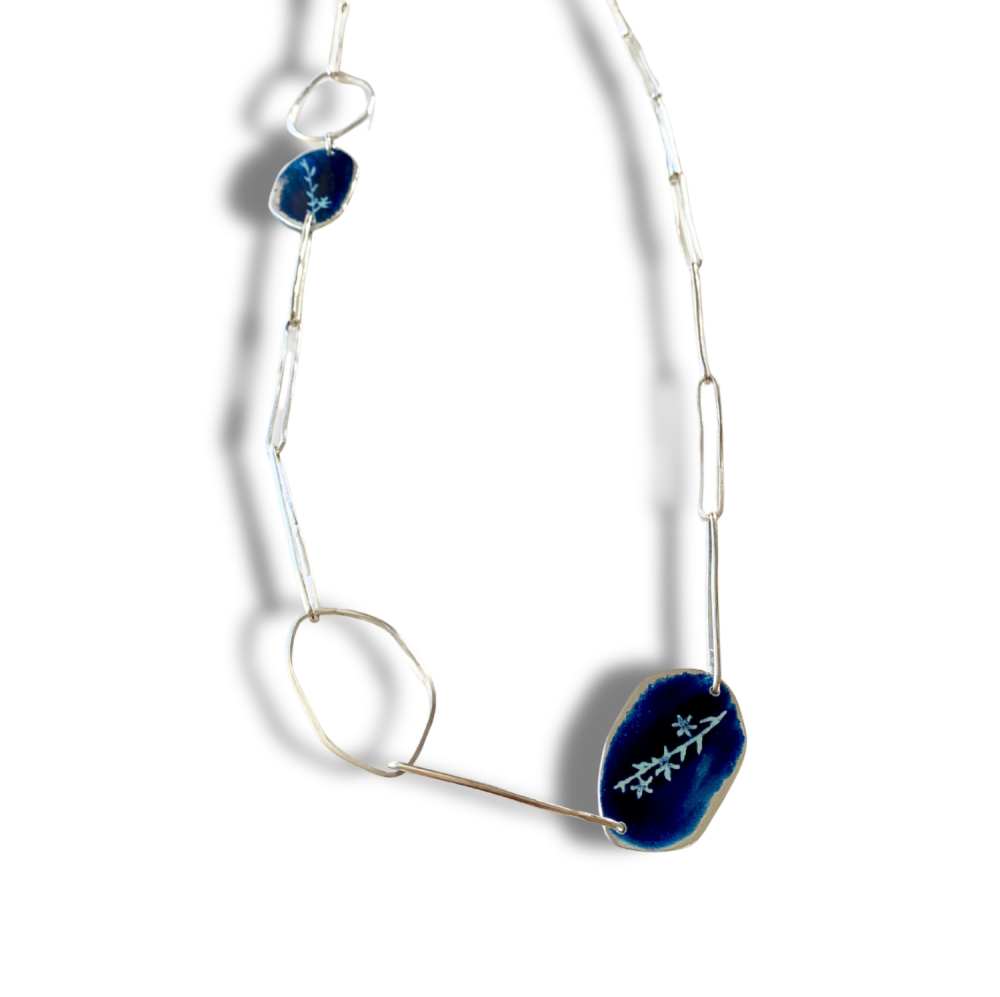 Midnight Blossom Necklace - Silver Link Necklace with Blue Enamel Flowers