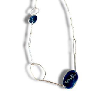 Midnight Blossom Necklace - Silver Link Necklace with Blue Enamel Flowers