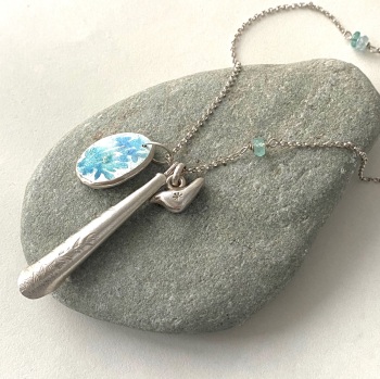 Long Silver Charms Necklace with Blue Enamelled Nugget, Silver Bird, Silver Pendant and Gems