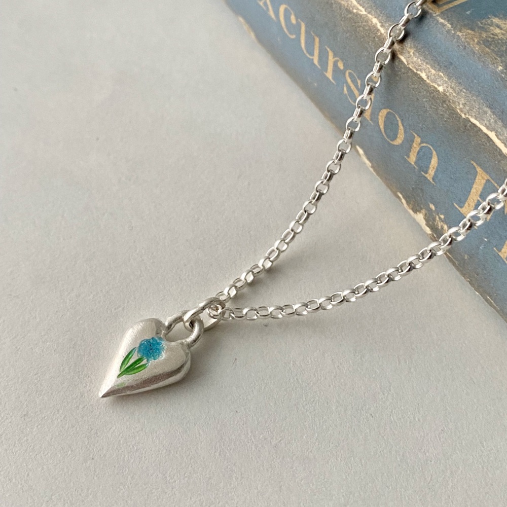 Silver Heart Pendant with Blue and Green Enamelled Flower