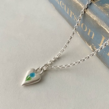 Silver Heart Pendant with Blue and Green Enamelled Flower