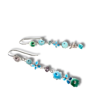 Enamelled Silver Flower Cascade Earrings