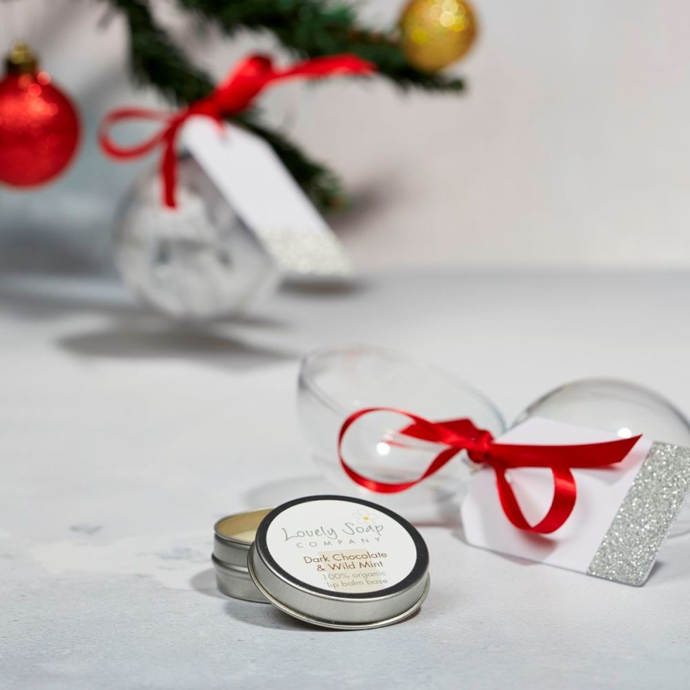 organic lip balm xmas bauble gift by Lovely Soap Company