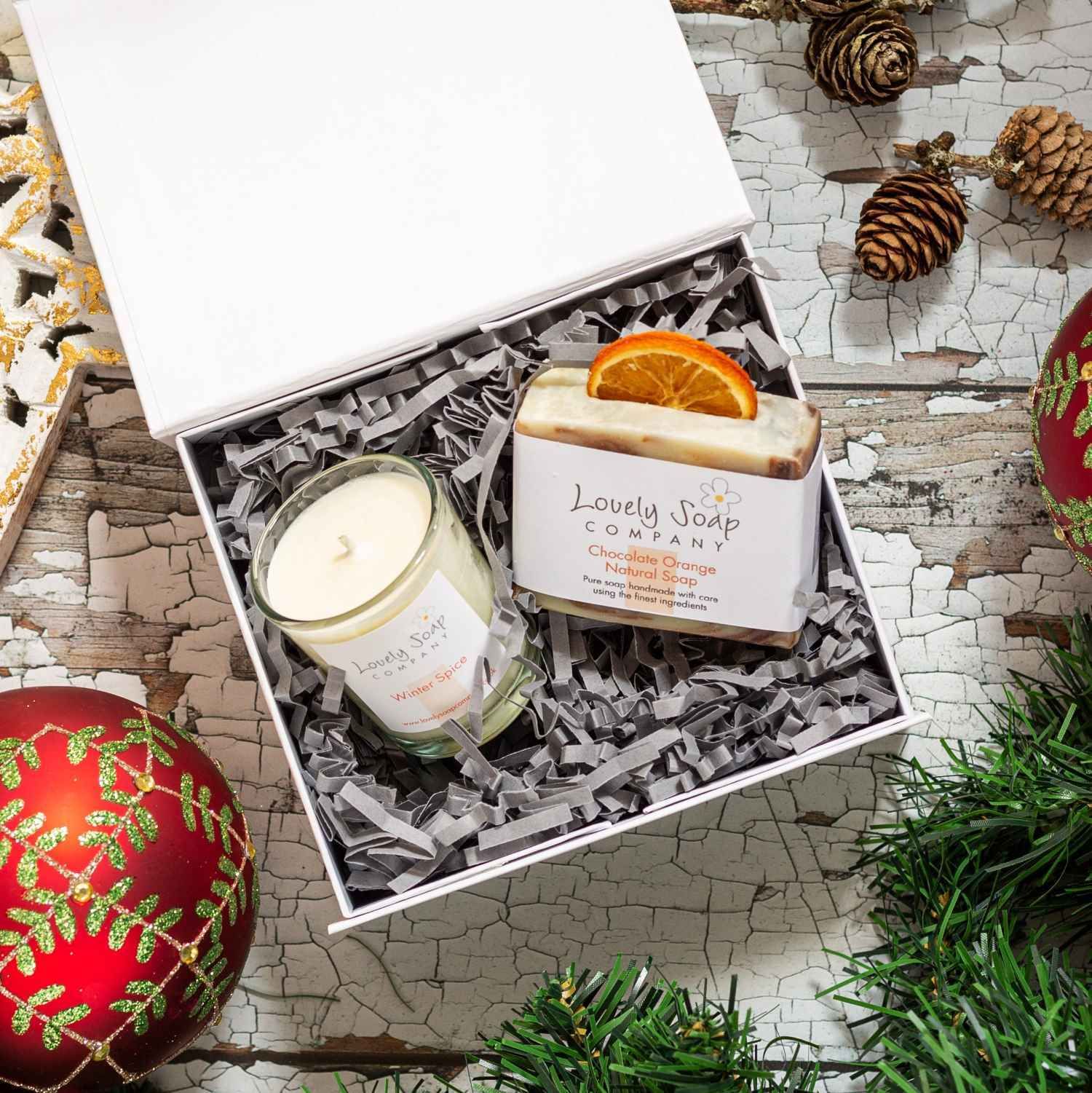 Chocolate Orange Xmas Pamper Gift with handmade natural soap and soy wax candle by Lovely Soap Co