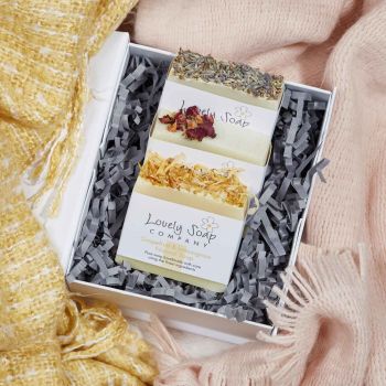 a gift box with a selection of 3 handmade natural Lovely Soap co soaps