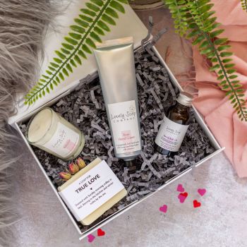 valentines spa gift with handcream, handmade soap, soy candle and bath oil in a white Lovely Soap Co gift box