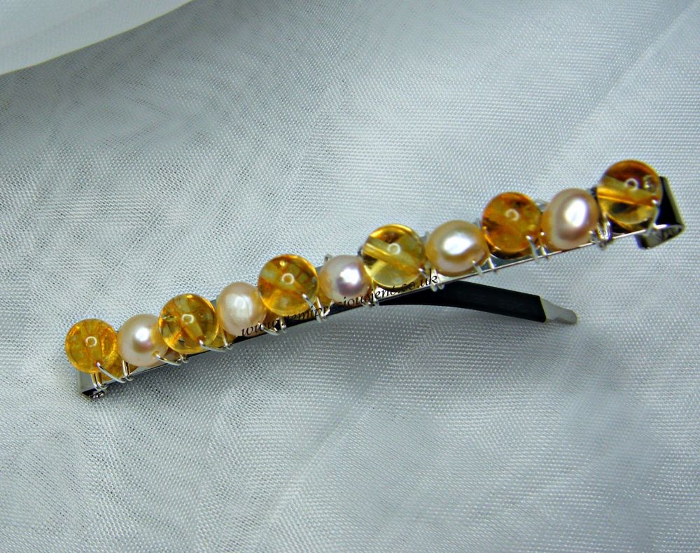 Citrine & Apricot Pearl Barrette Hair Clip