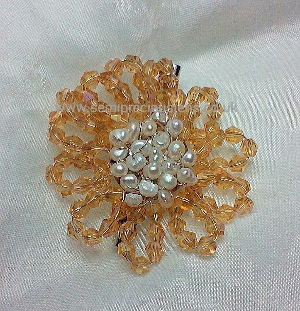 White Freshwater Pearl & Gold Bicone Flower Brooch