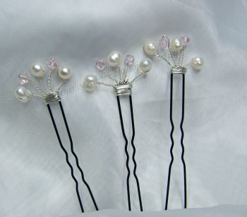 Freshwater Pearl & Pink Bicone Hair Pins x 3