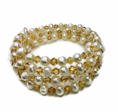 Freshwater Pearl & Golden Bicone Wrap Around Bracelet