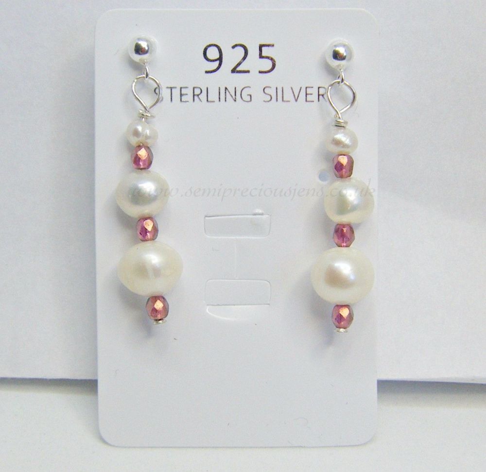 White Freshwater Pearls & Pink Bicone Earrings