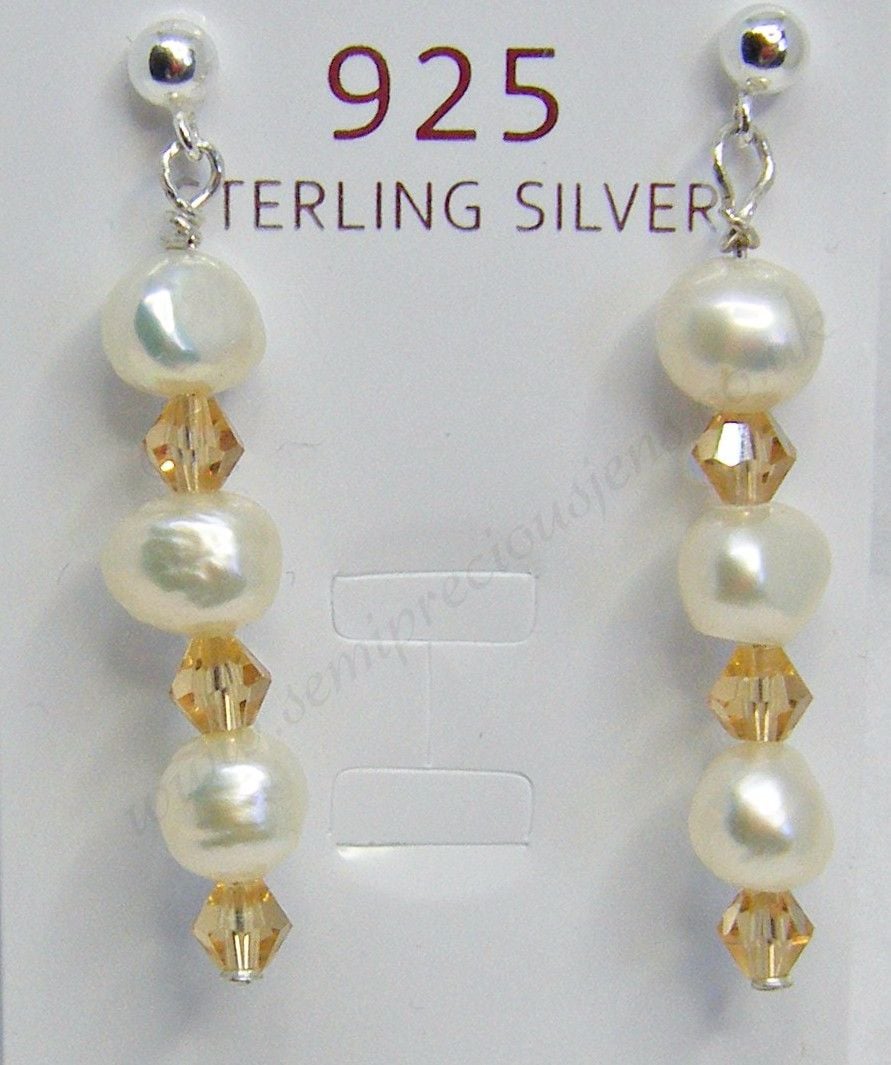 White Freshwater Pearls & Gold Bicone Earrrings
