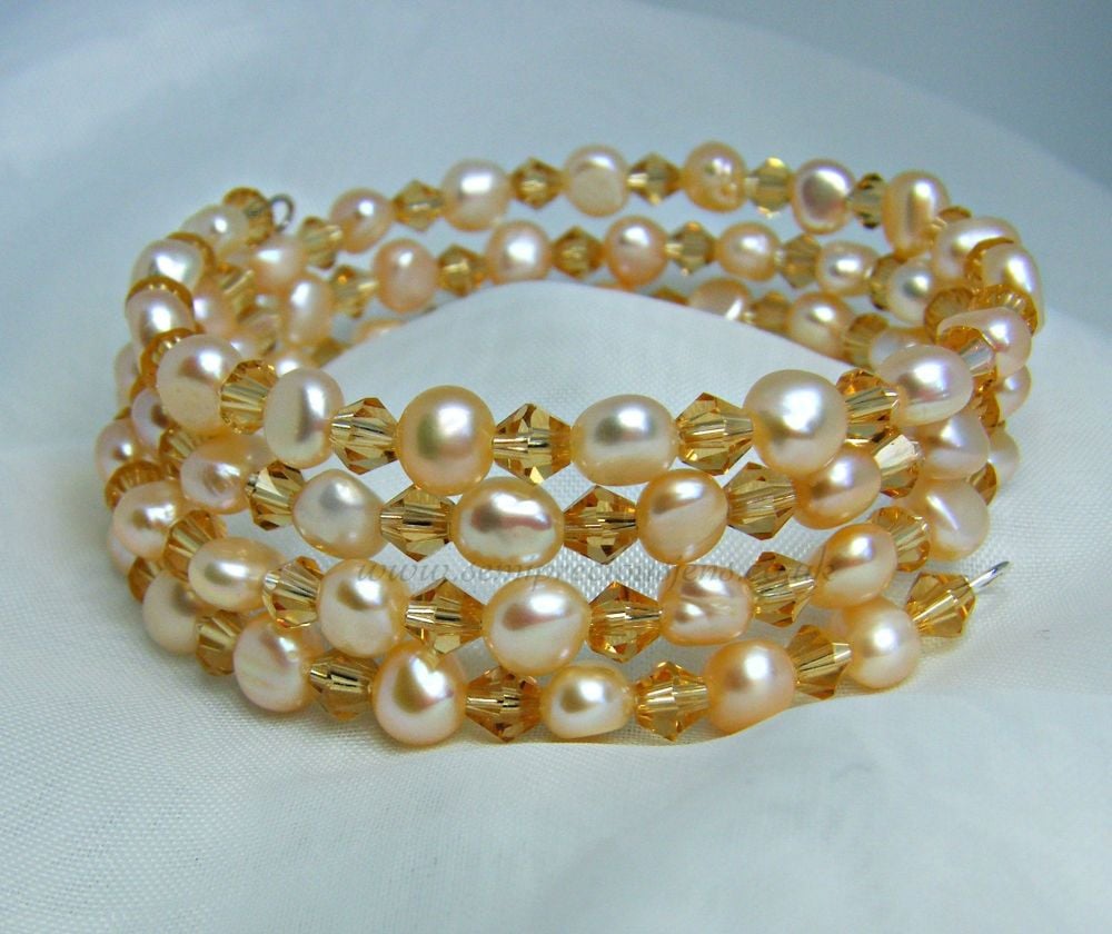 Apricot Pearl & Gold Bead Wrap Around Memory Wire Bracelet